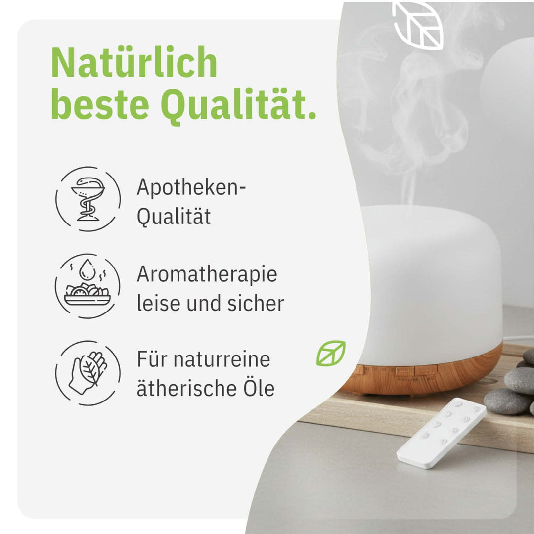 Vielseitiger 500 ml Aromadiffusor: Ultraschall, LED, Fernbedienung. Auch als Luftbefeuchter für besseres Raumklima.