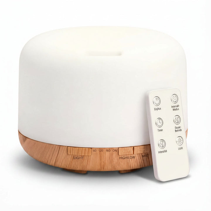 Aromadiffusor 500 ml: Ultraschall-Diffuser mit Fernbedienung, LED-Beleuchtung für entspannende Aromatherapie & Wohnambiente.
