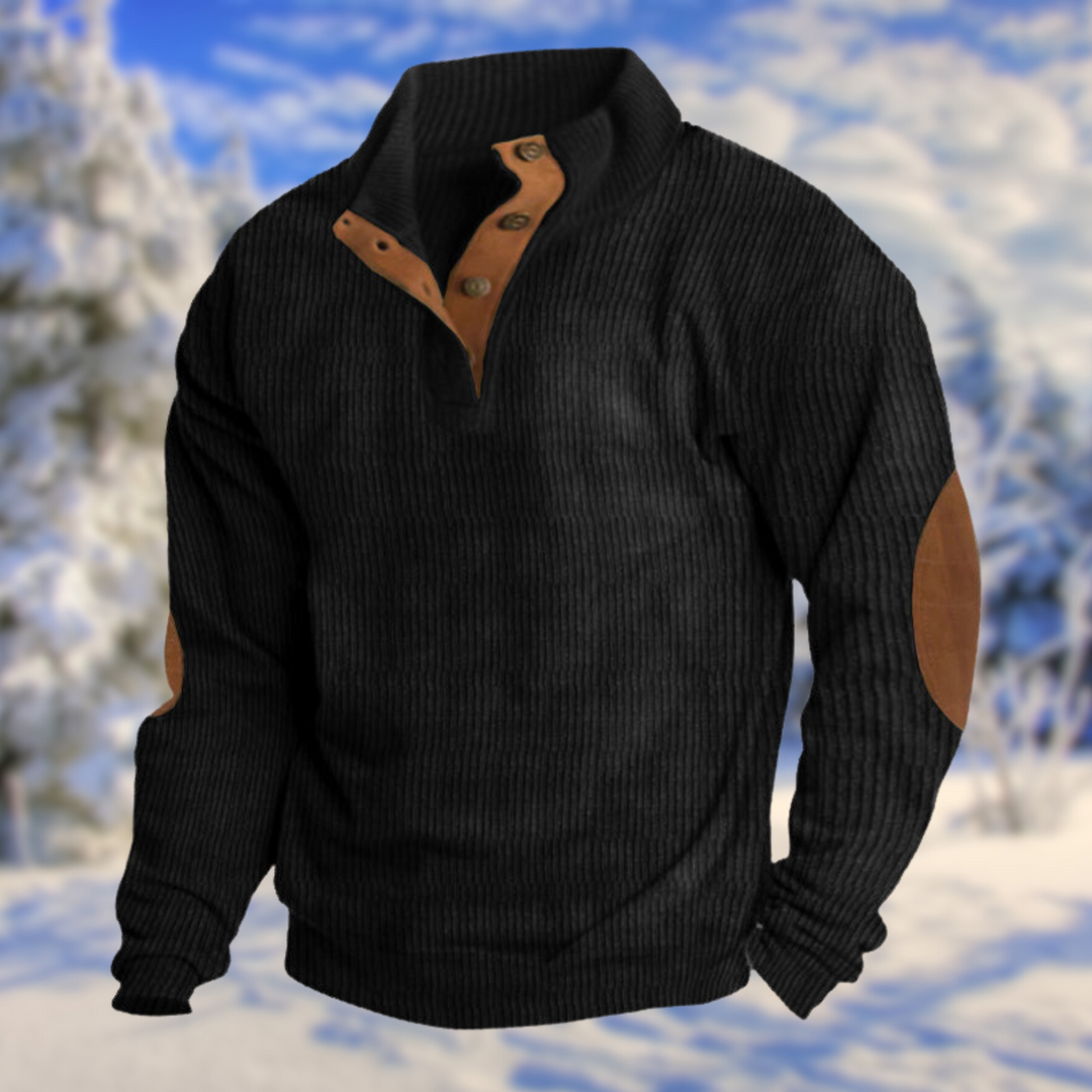 Vielseitiger Herren Strickpullover mit Knopfleiste, Ellenbogen-Patches & Stehkragen für Freizeit und Outdoor.