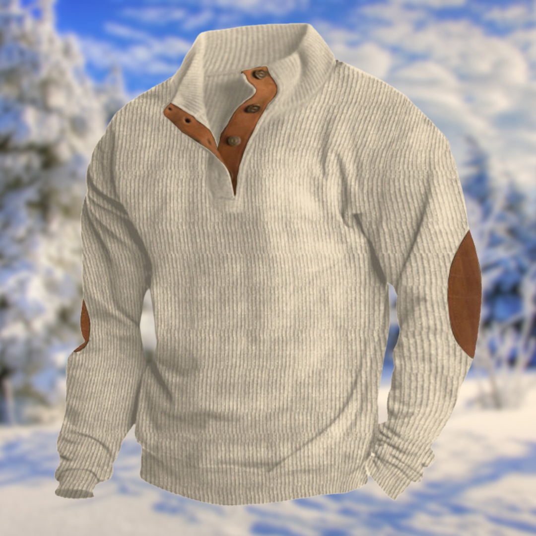 Herren Strickpullover mit rustikaler Knopfleiste und stilvollen Ellenbogen-Patches, ideal für Freizeit & Outdoor.