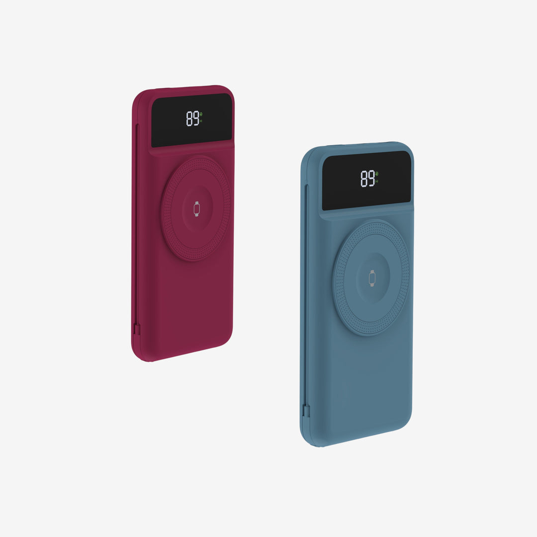 Set aus zwei 5-in-1 Powerbanks 10.000 mAh, ideal für mobiles Laden und Reisezubehör.