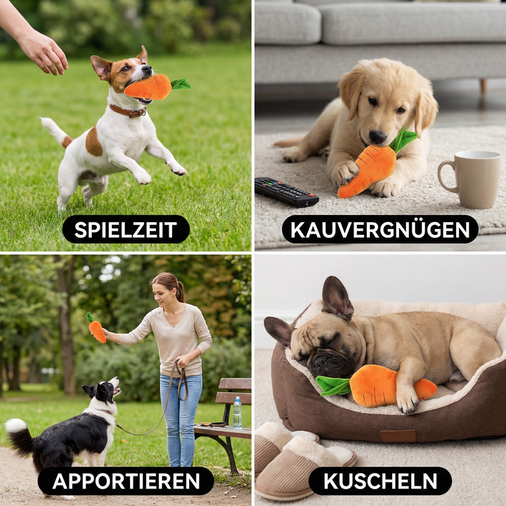 Süßes Quietschspielzeug in Karottenform, perfekt für Welpen und aktive Hunde.
