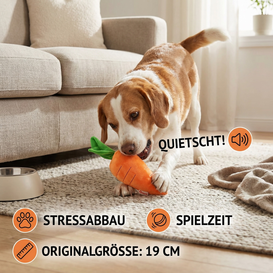 Leuchtend orange Quietsch-Karotte Hundespielzeug, ideal zur mentalen Auslastung von Hunden.