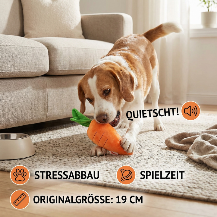Leuchtend orange Quietsch-Karotte Hundespielzeug, ideal zur mentalen Auslastung von Hunden.