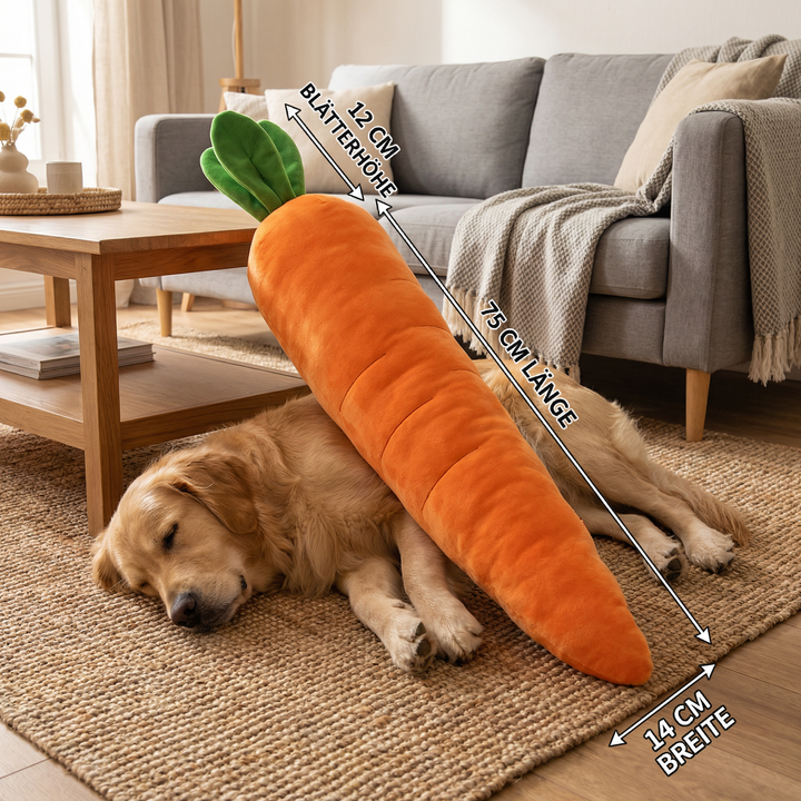 Quietschendes Karotten-Kauspielzeug für Hunde, ideal für Stressabbau, Welpen und aktives Spielen.