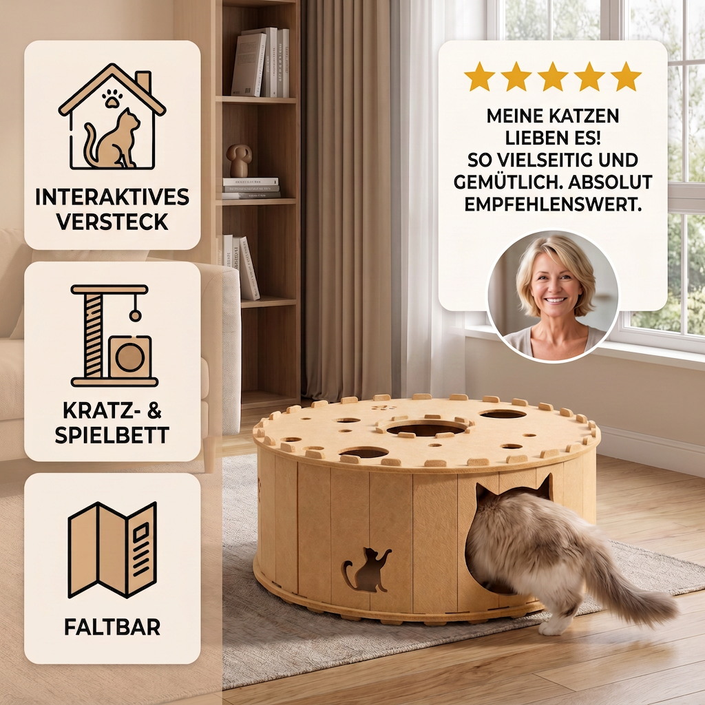 Interaktiver Spieltunnel für Katzen mit gemütlicher Höhle, integriertem Kratzbaum und weichem Ruheplatz.