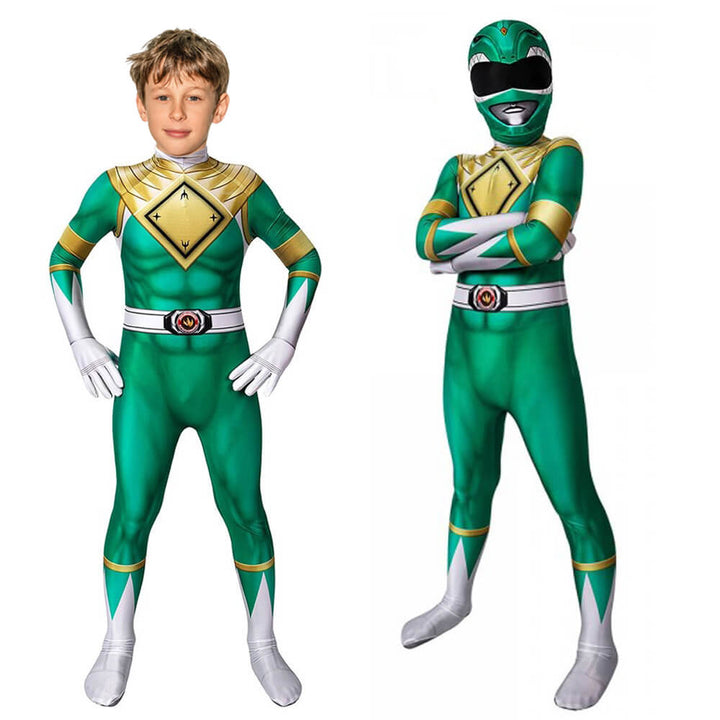 Kinder Ranger-Kostüm-Overall aus dehnbarem Polyester für Superhelden-Cosplay und Fasching-Verkleidung.