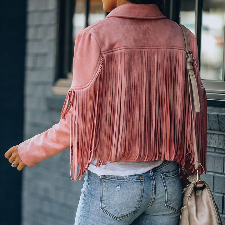 Modische Fransenjacke Rosy für Damen, die perfekte Ergänzung zur Herbstgarderobe.