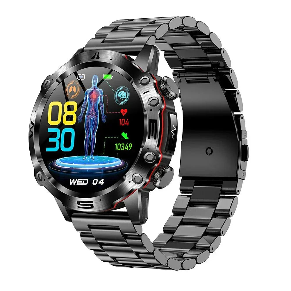 Smartwatch mit Glukose- und EKG-Messung am Handgelenk, präziser Gesundheitstracker für täglichen Gebrauch.