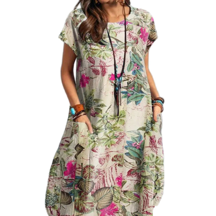 Komfortables Damen A-Linie Sommerkleid, Vintage-Design, kurzarm & knielang. Perfekt als Freizeit- oder Festkleid.