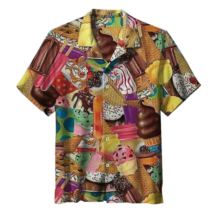 Detaillierter Blick auf das bunte Eiscreme-Print des lässigen Herren Kurzarmhemdes, ideal für Strand und Sommer.