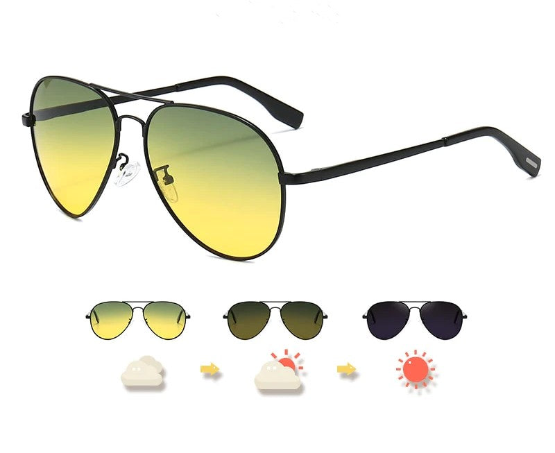 Unisex Piloten Sonnenbrille, photochrom & polarisiert, mit UV400 Blendschutz. Ideal als Fahrbrille für Tag & Nacht.