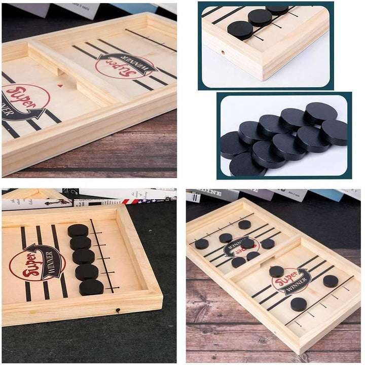 Ein vielseitiges Kinderspiel & Erwachsenenspiel: das 2-in-1 Tischfußball & Sjoel Holzspielset.