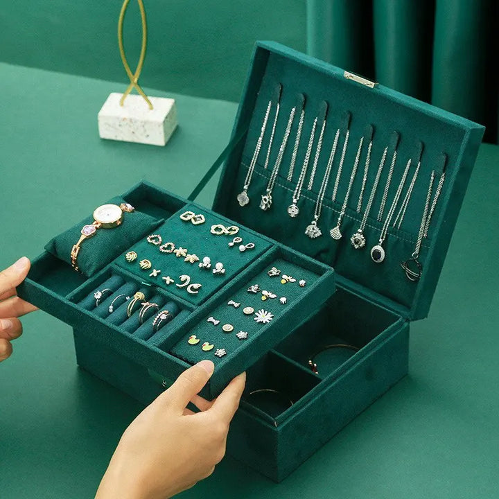 Damen Schmuckschatulle aus Samt, luxuriöser Organizer in Grün für Ringe, Ketten und mehr.