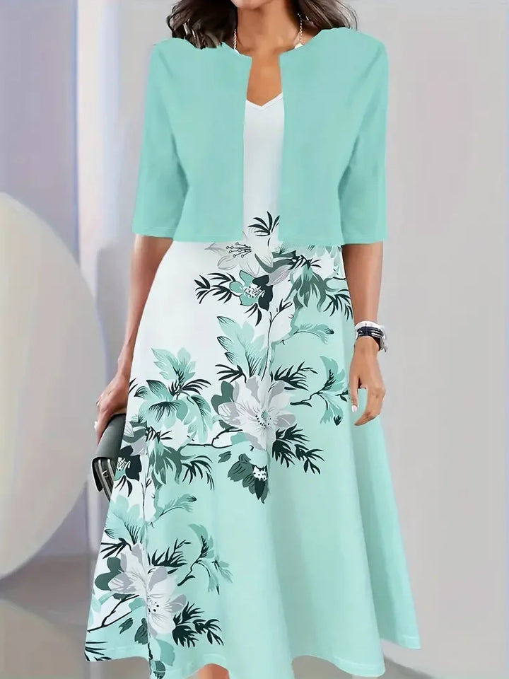 Modernes Damen Blazer Set mit knielangem Sommerkleid, ideal für ein elegantes Büro-Outfit.
