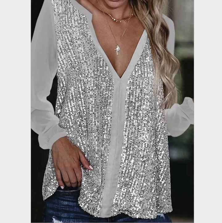 Schicke Damen Paillettenbluse V-Ausschnitt, Übergröße, funkelnd, perfekt für jeden festlichen Event.
