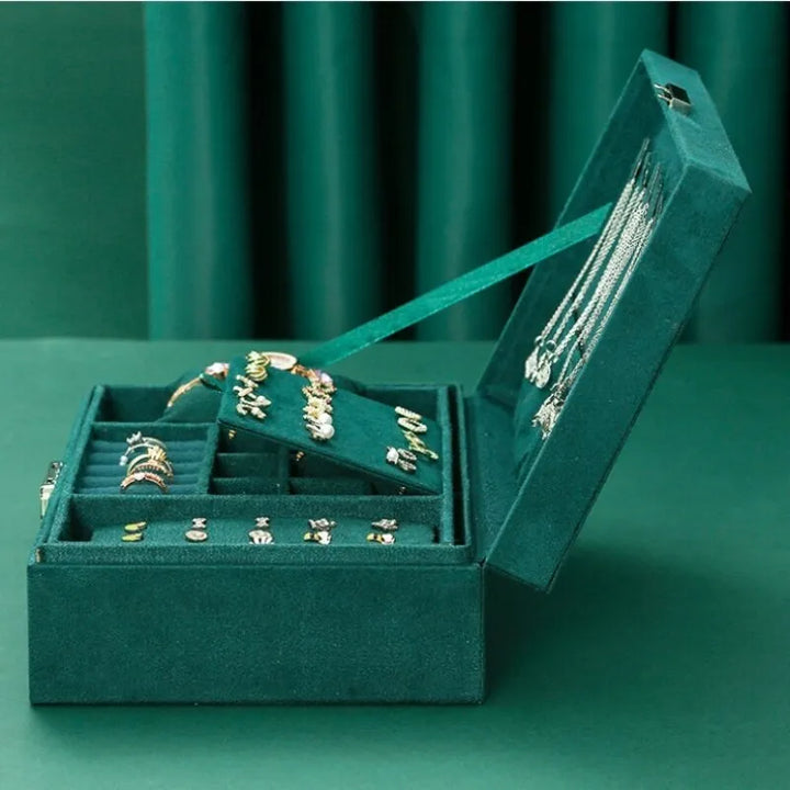 Grüne Luxus Samt Schmuckschatulle mit Fächern, stilvolle Aufbewahrung für Damen Schmuck.