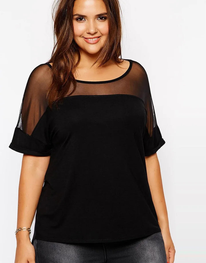 Damen Sommer Mesh-Look T-Shirt in Übergröße, schwarz, kurzarm, V-Ausschnitt, modisch & luftig für Komfort.