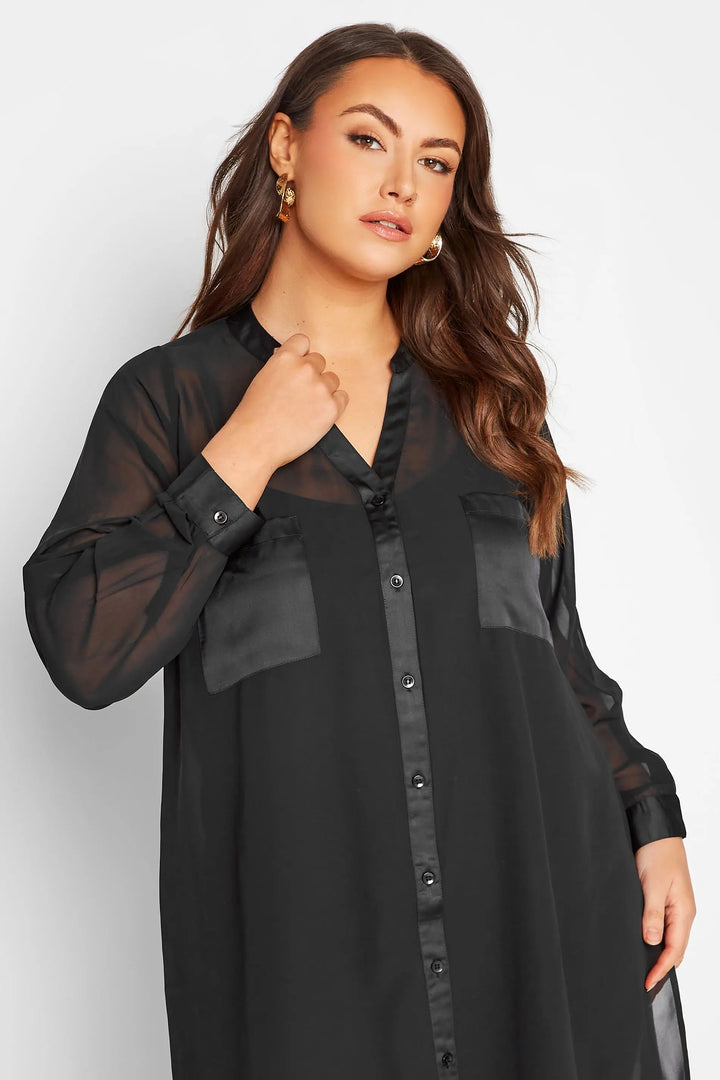 Frühlingshaftes Damen Langarmhemd, transparent mit V-Ausschnitt, in Übergröße, perfekt für elegante Anlässe.