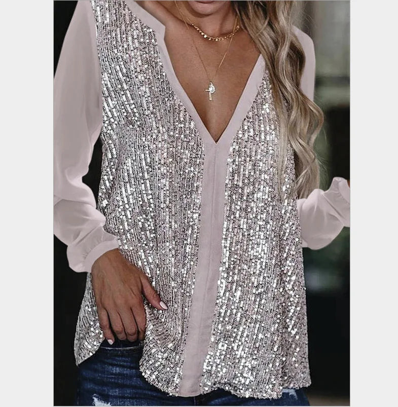 Glitzernde Damenmode: Paillettenbluse in Übergröße mit V-Ausschnitt und langen Ärmeln.
