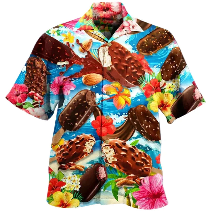 Stylisches Herren Kurzarmhemd mit verspieltem Eiscreme-Muster. Perfekt für den Strandurlaub und sommerliche Freizeit.