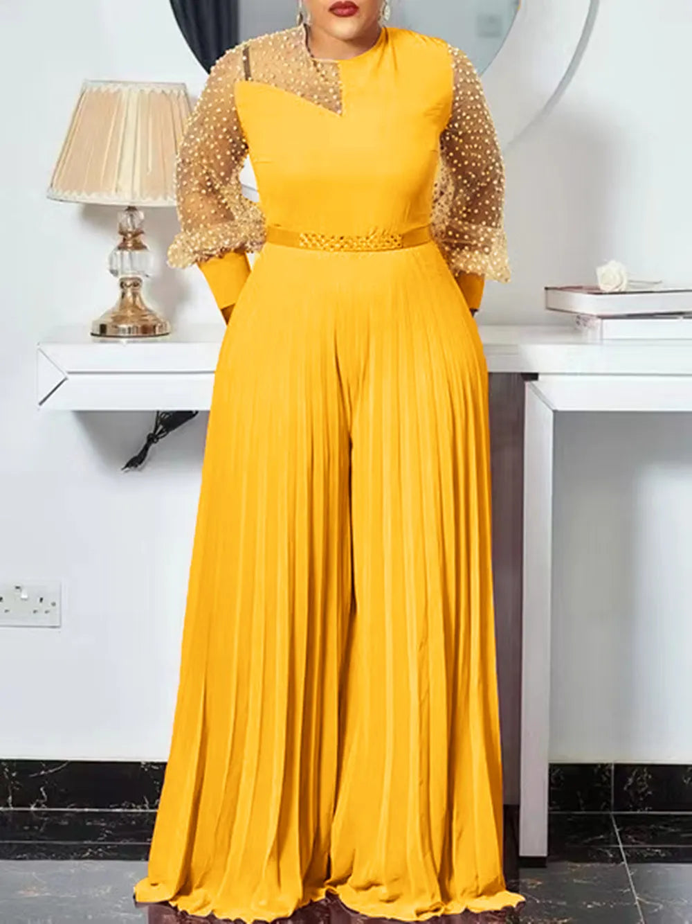 Eleganter Damen Plissee-Overall in Übergröße, Langarm, perfekt für festliche Anlässe und Damenmode.