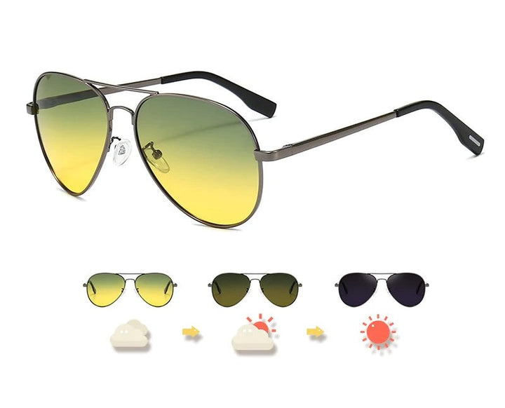 Stylische Unisex Piloten Sonnenbrille. Photochrome und polarisierte Gläser bieten UV400 Schutz & klaren Blick.
