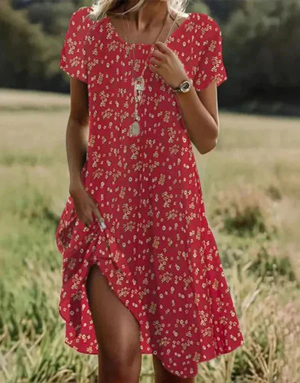 Damen Blumen Midi-Kleid, locker & bequem. Perfektes Frühlings- und Sommeroutfit für jeden Tag.