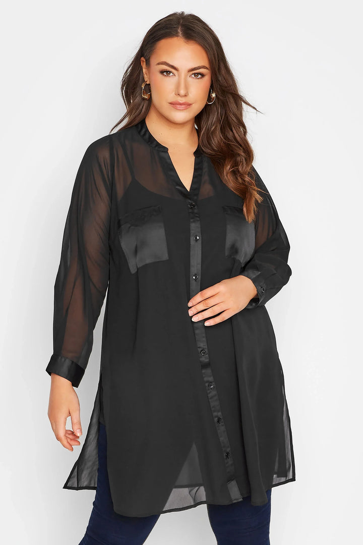 Elegantes transparentes Damen Langarmhemd in Übergröße mit V-Ausschnitt, ideal für festliche Frühjahrsmode.