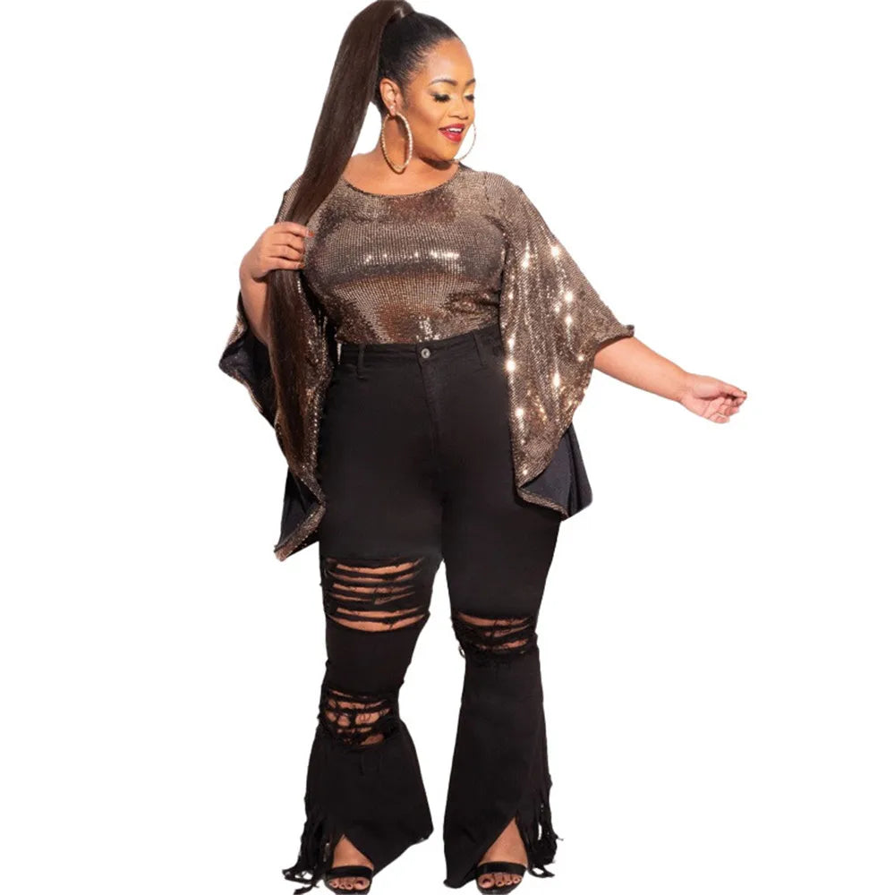 Bequeme High-Waist Schlagjeans für Damen, Übergröße, hoher Bund für optimalen Halt.