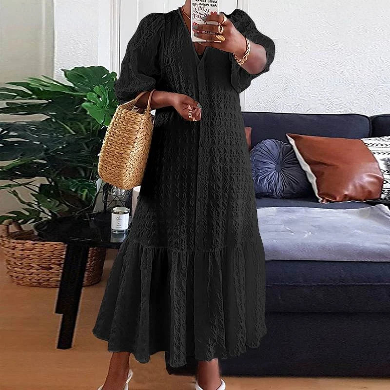 Elegantes Plus-Size Maxikleid für Damen, V-Ausschnitt & Puffärmel. Ideal als Abend- oder Freizeitkleid.