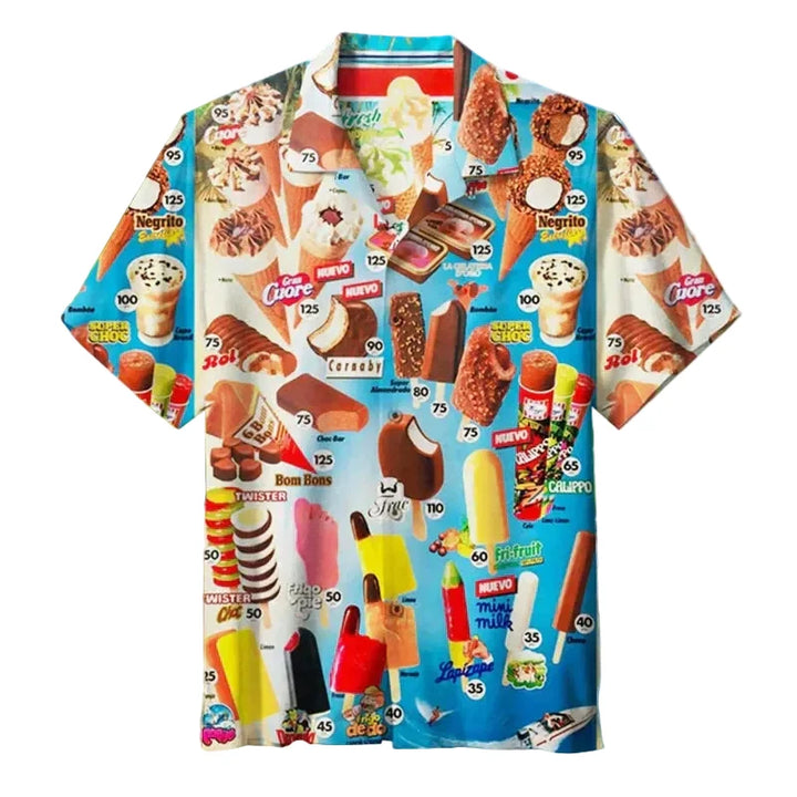Herren Kurzarmhemd mit buntem Eiscreme-Print, ideal als Sommer- oder Strandhemd für lässige Urlaubstage.