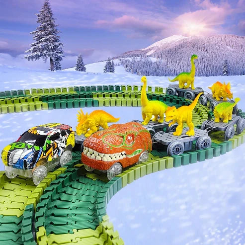Komplettes Set Dinosaurier Rennbahn für Kinder. Flexible Strecke und Leuchtzug für spannende Dino-Rennen.