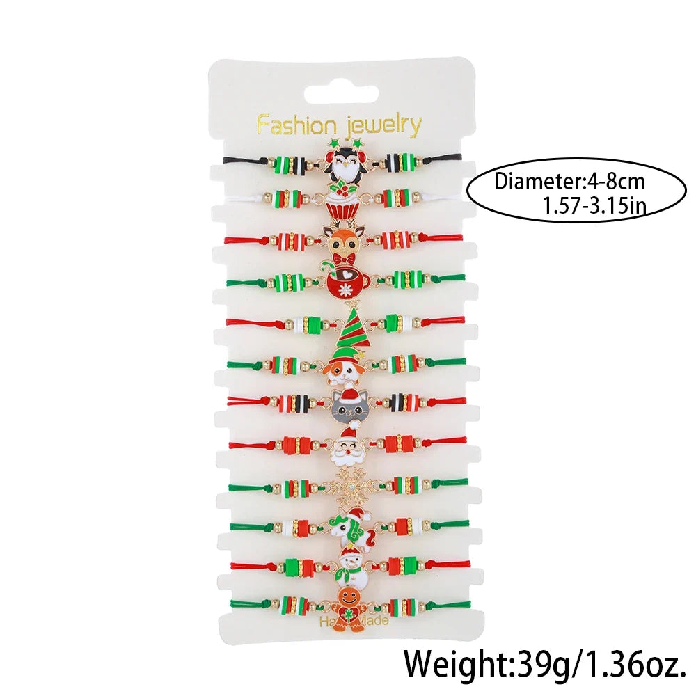 Charm Armband Set für Weihnachten (12 Stück). Unisex, festliche Winter-Motive, verstellbare Schnur, ideales Geschenk.