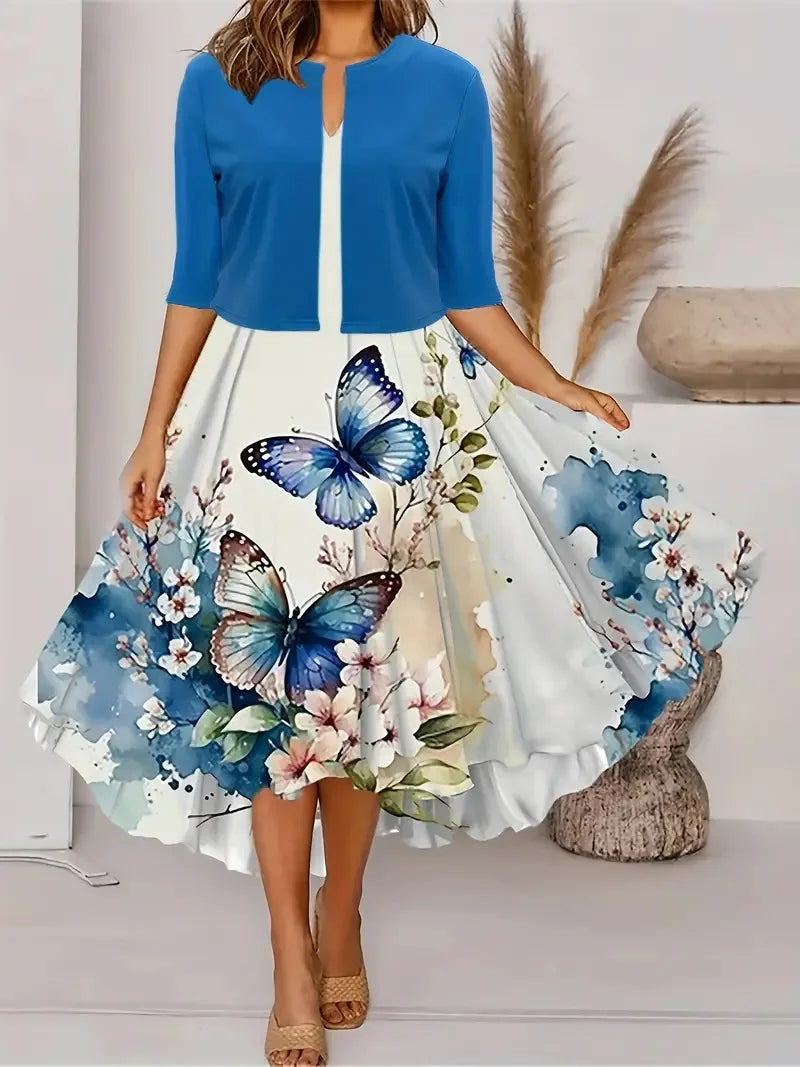 Schickes Damen Midi-Kleid mit Blazer, 2-teilig, perfekt für modische Business Casual Looks.