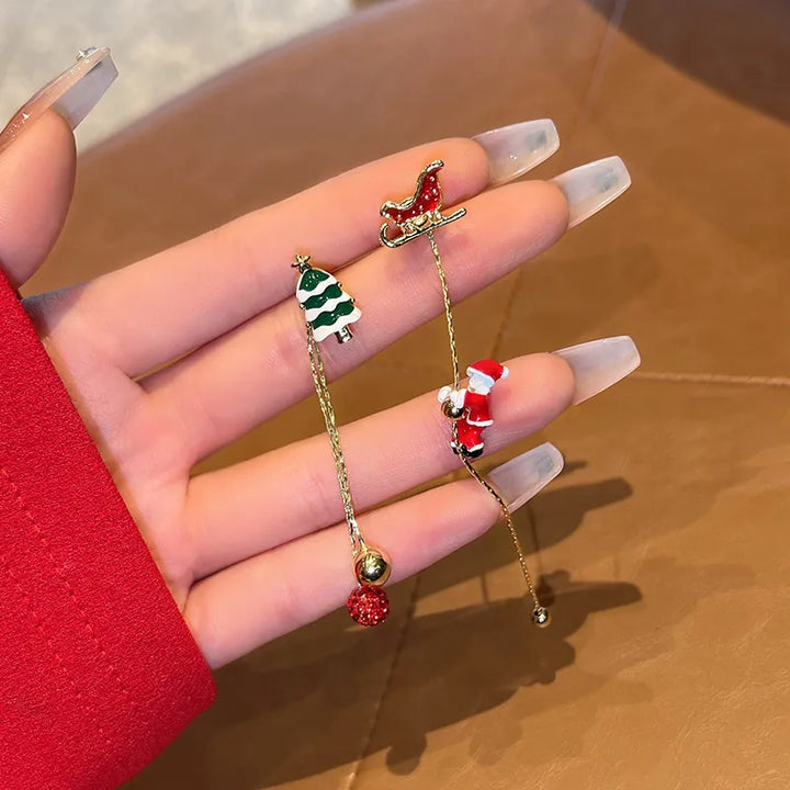 Festliche Damen-Weihnachtsohrringe mit langen Quasten und bunten Feiertagsmotiven, ideal für Partys.