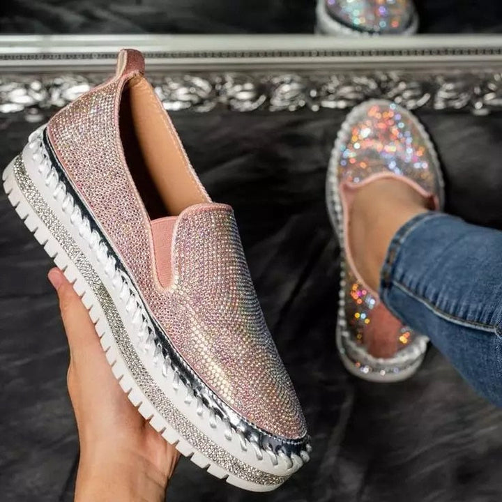 Elegante Damen Glitzer Loafers, orthopädisch und bequem. Slip-On Schuhe mit rutschfester Sohle für Alltag.