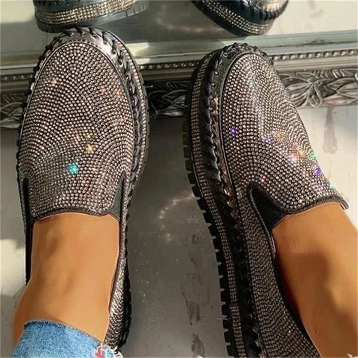 Glitzer Damen Slip-On Loafers mit rutschfester Sohle. Orthopädische Bequemschuhe für Freizeit und Alltag.
