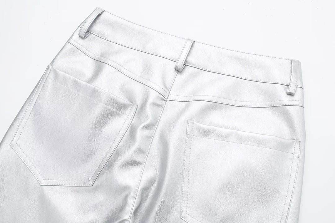 Modische Damen Metallic Hose, hoher Bund, weiter Schnitt. Ideal für festliche Anlässe im Herbst.