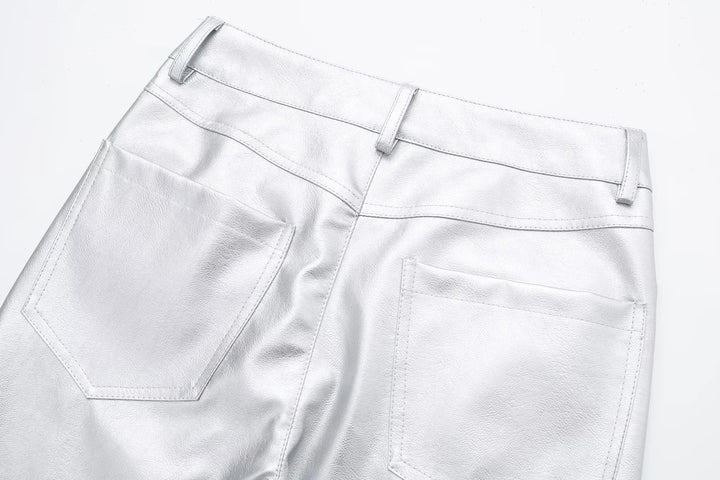 Modische Damen Metallic Hose, hoher Bund, weiter Schnitt. Ideal für festliche Anlässe im Herbst.