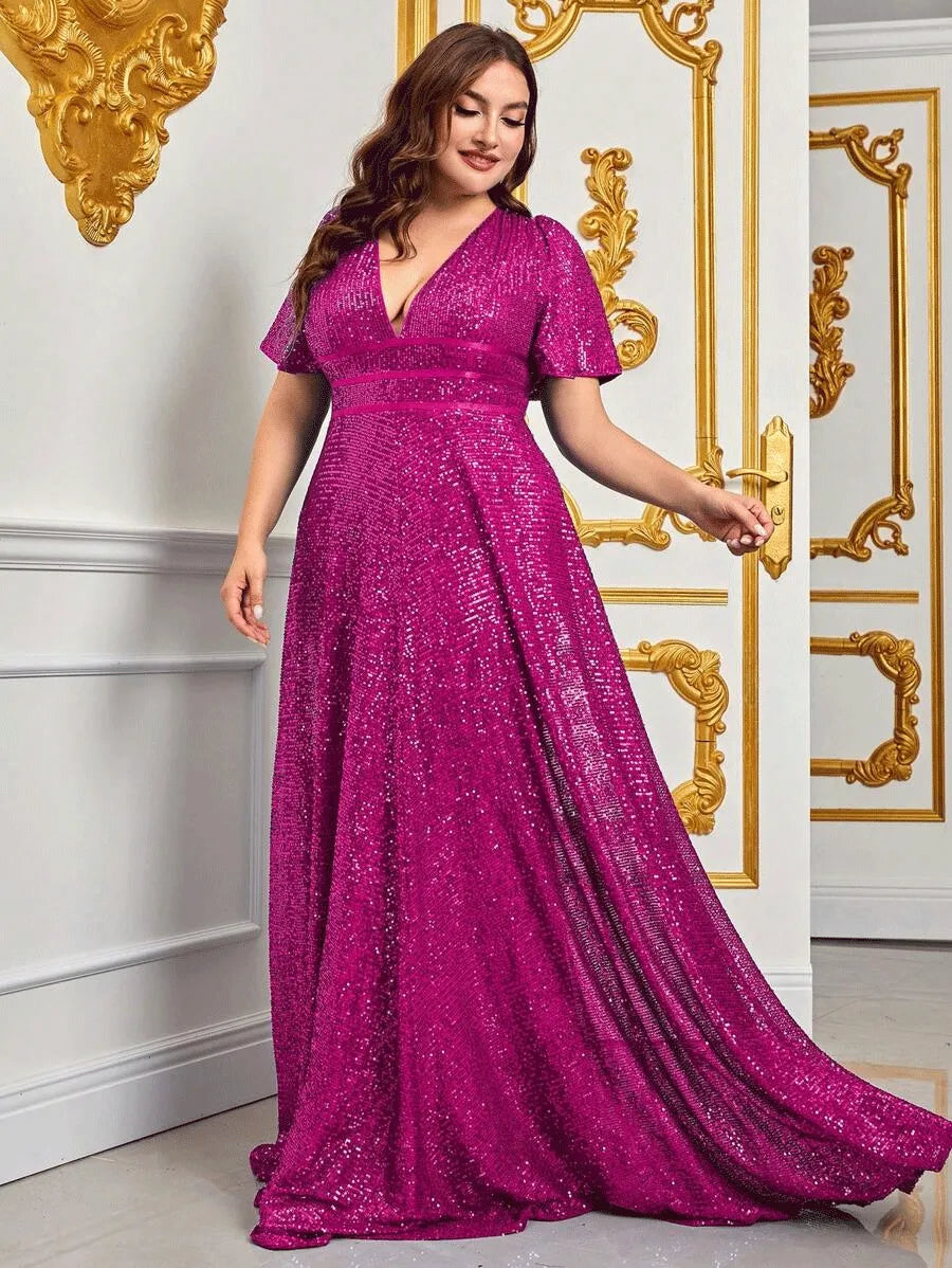 Elegantes Damen Pailletten Maxi-Abendkleid in Übergröße, glamourös für festliche Anlässe.