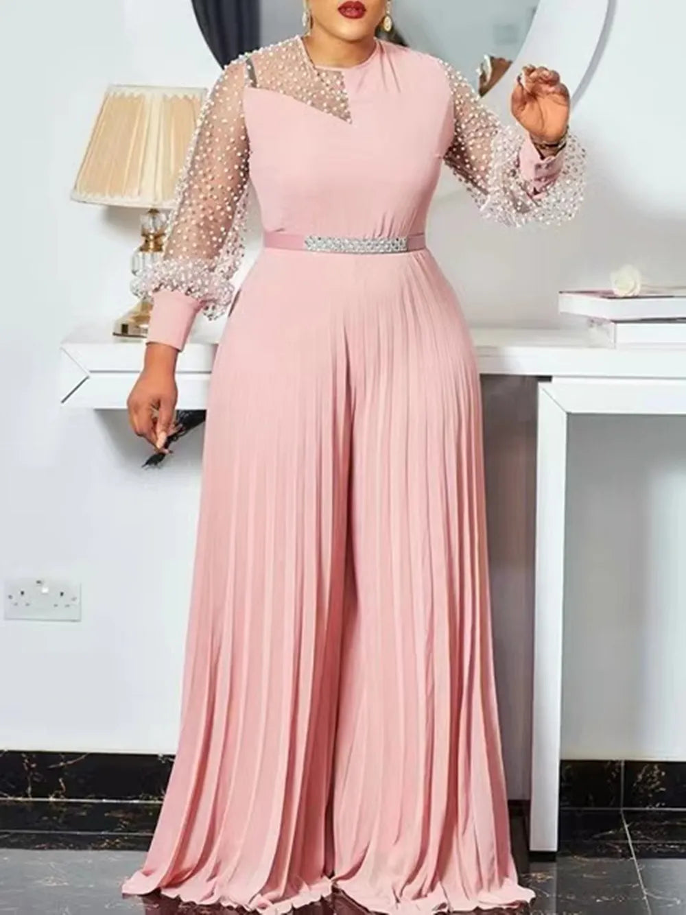 Modischer Damen Plissee-Overall (z.B. Rosa), Übergröße, Langarm, bequemer Jumpsuit für stilvolle Auftritte.