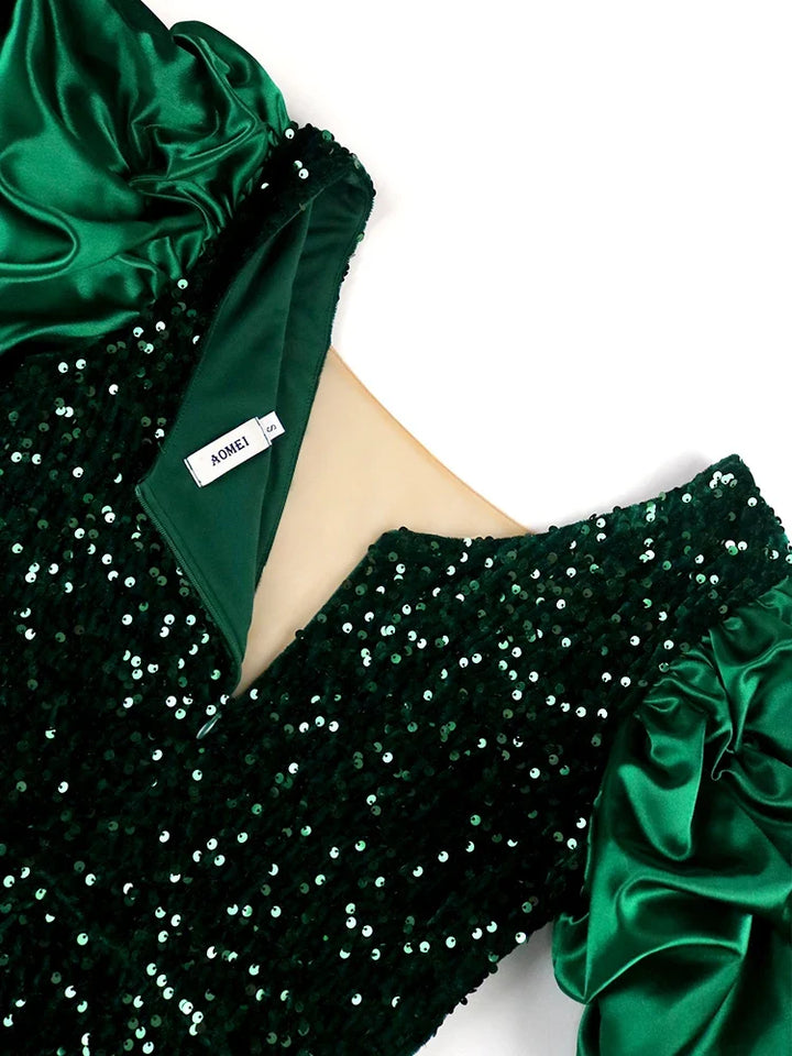 Grünes Damen-Glitzerkleid Übergröße: Vintage-Look, Puffärmel, perfekt für festliche Events und Abendbekleidung.