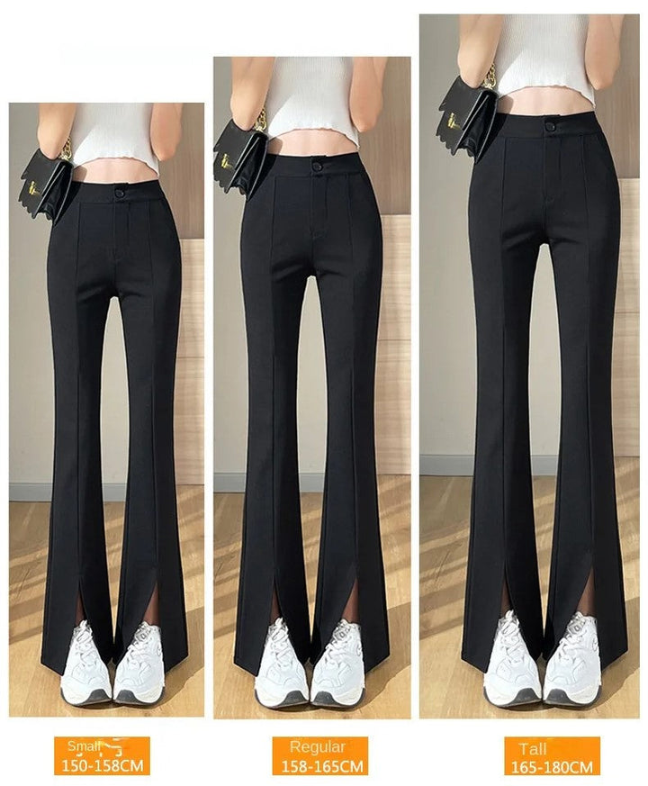 Eine Frau trägt eine schwarze Plus Size Schlaghose mit Schlitz und hohem Bund, elegant präsentiert.