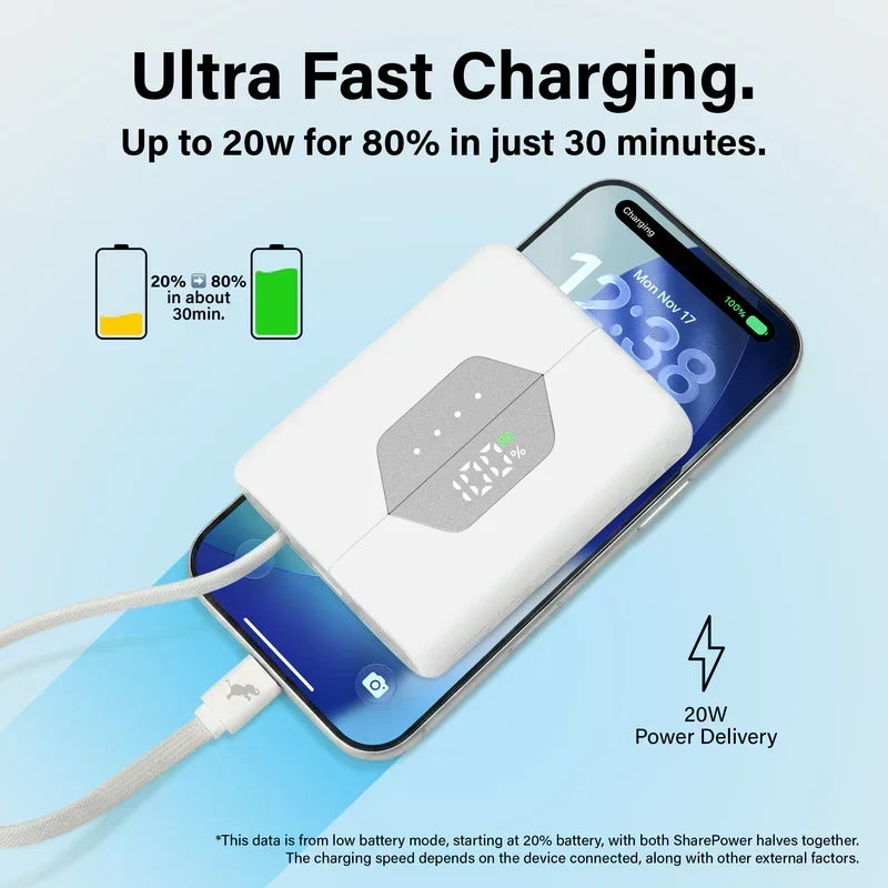 Getrennte Teile der flexiblen 10.000 mAh Powerbank, bereit zum Laden.