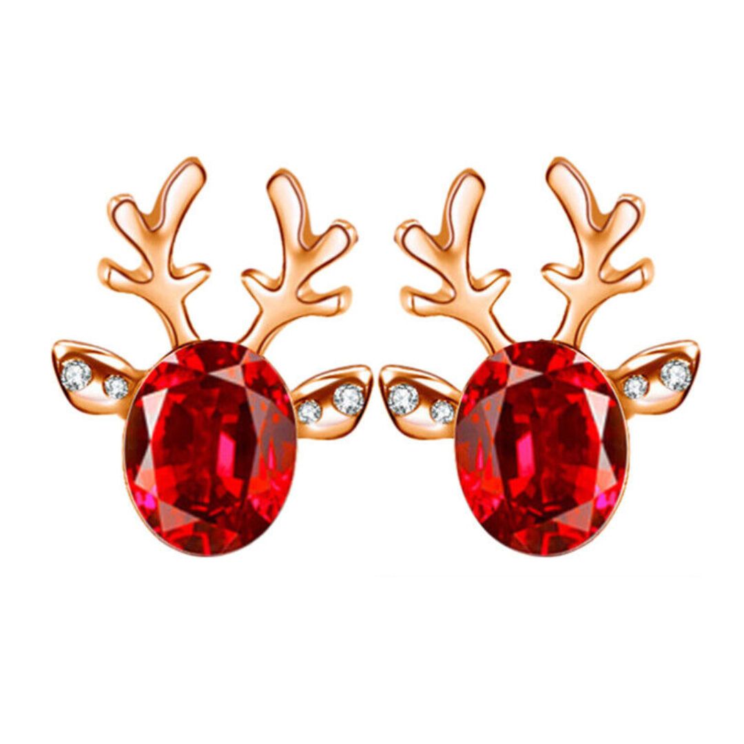 Weihnachts-Rentier-Ohrstecker für Damen mit glitzernden Kristallen. Festlicher Schmuck für die Feiertage.