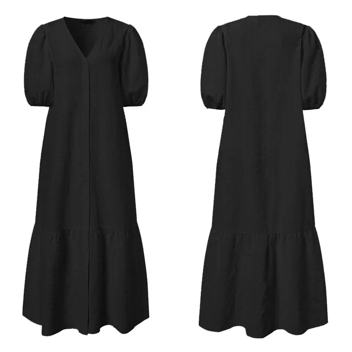 Damen Abendkleid Maxilänge in Übergröße, mit schmeichelhaftem V-Ausschnitt und eleganten Puffärmeln.