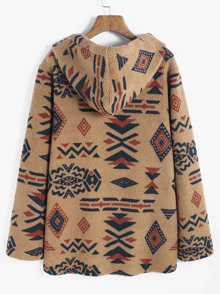 Warme Unisex Winterjacke im Azteken-Design, kuscheliger Strick für kalte Tage, modische Außenbekleidung.