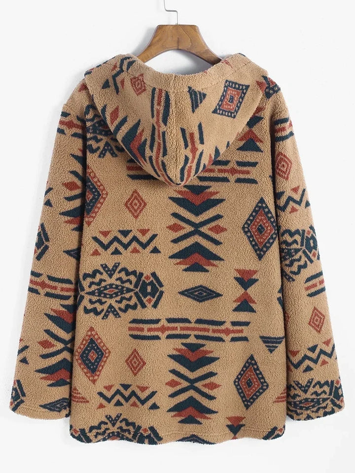 Warme Unisex Winterjacke im Azteken-Design, kuscheliger Strick für kalte Tage, modische Außenbekleidung.