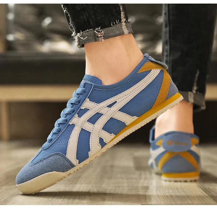 Damen & Herren geometrische Sneakers beim Gehen; trendige Sommerschuhe für einen aktiven Lifestyle.